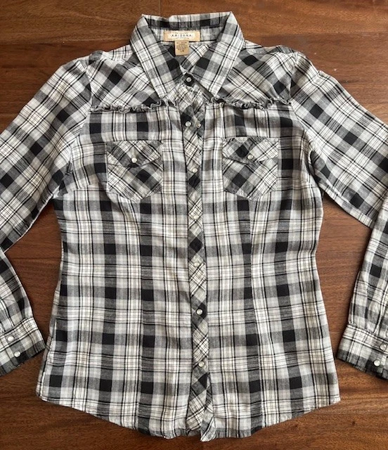 Arizona Girl's Long sleeve cotton Gray plaid shirt Size L 12-14 NEW - Image 2 of 3
