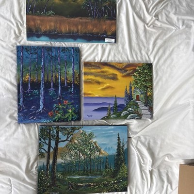 Retiring artist sell 4 paintings. 3 on canvas 1 on paper. All prints size varies