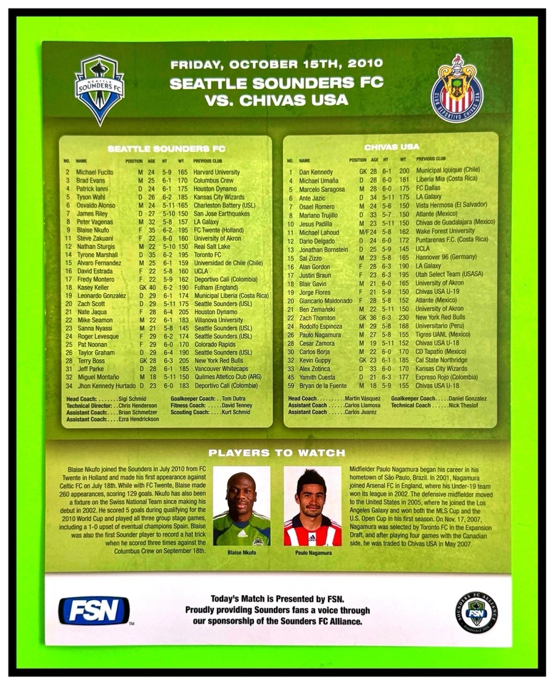 2010 MLS  SEATTLE SOUNDERS vs CHIVAS USA  TICKET, PROGRAM & PLAY SHEET  MINT - Image 4 of 4