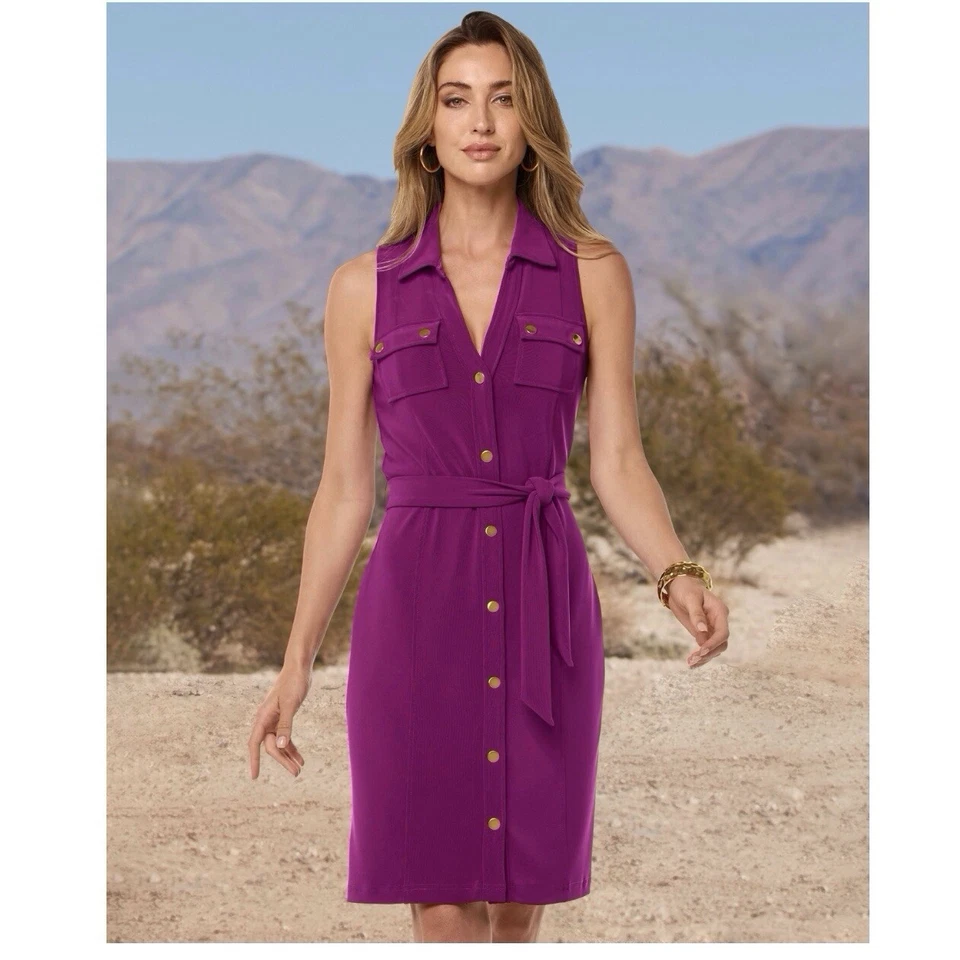 Vestido Boston Proper grande púrpura Beyond Travel con cuello y cinturón abotonado Foto 2 de 4