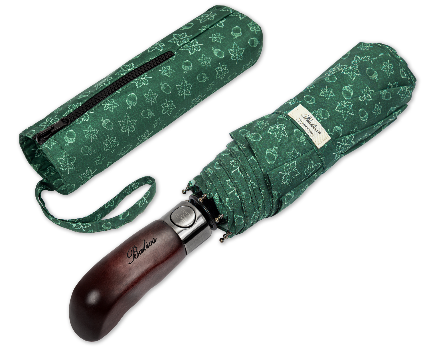Balios Vented Canopy Umbrella Wood Handle Auto Open & Close Maple Leaves Green