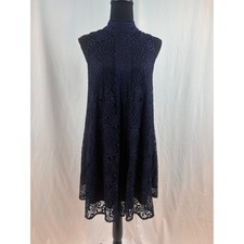 Navy Blue Lace High Neck Sleeveless Shift Dress Open Back Paisley Scalloped Hem
