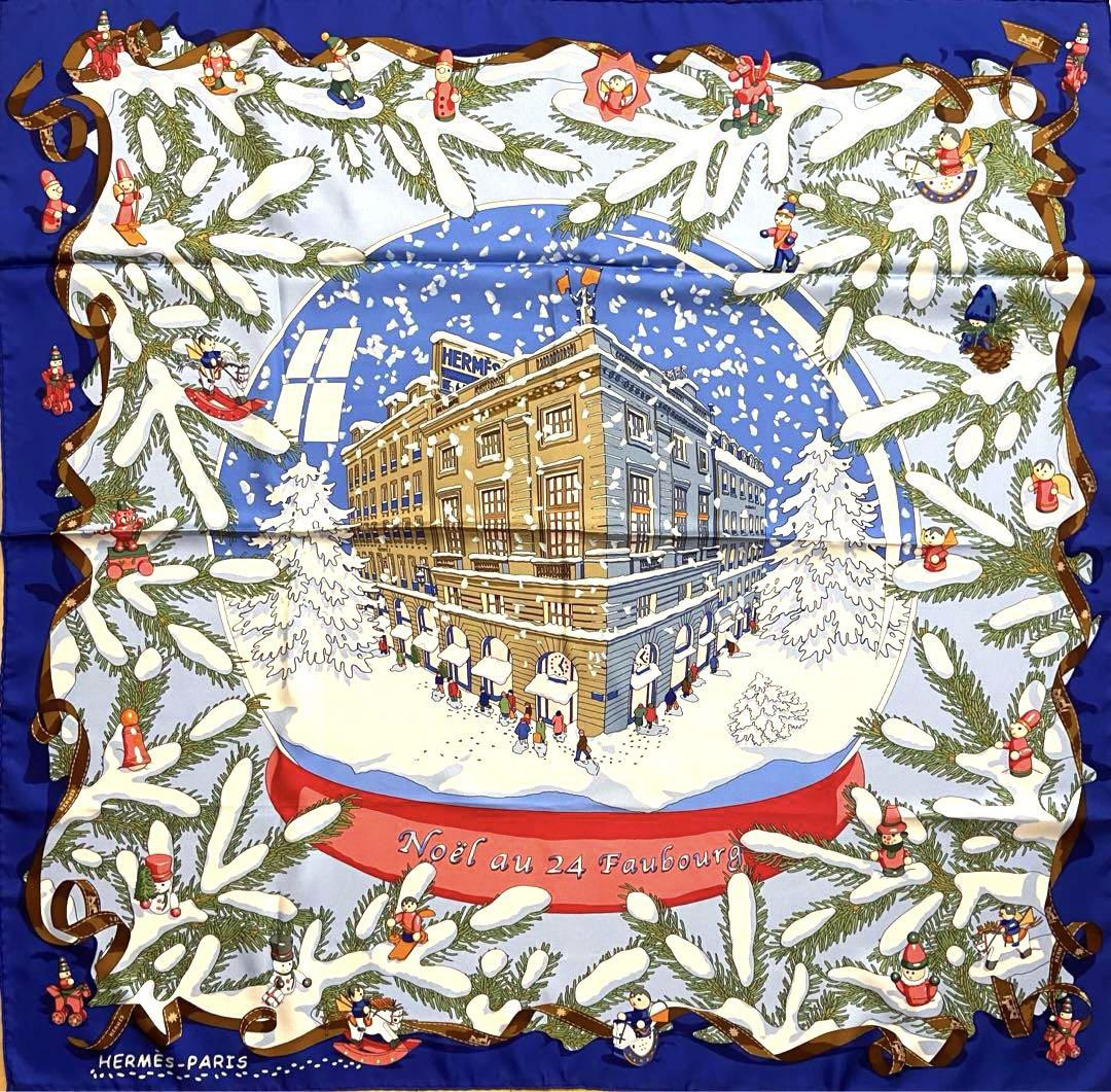 Hermes Scarf Noel au 24 Faubourg 90 cm silk blue Carre Christmas 35"