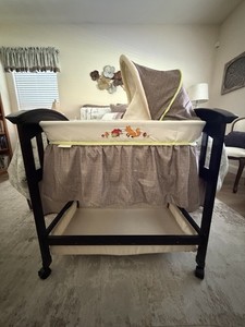 Beige Brown Oval Bassinet with Wheels, Storage Basket, Mattress, Portable