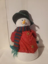 Plush Snowman Christmas Decoration 11" Red Coat Scarf Top Hat Winter Holiday...