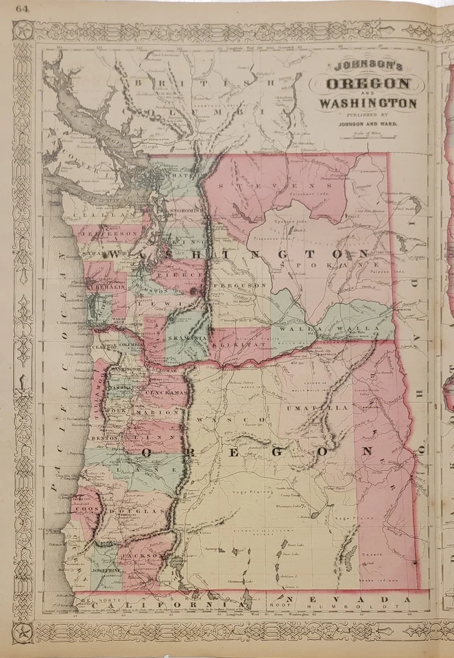 Antiguo mapa original del atlas de Johnson de 1865 Oregon Washington Minnesota coloreado a mano Foto 2 de 4