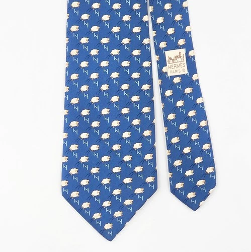 HERMES TIE 5273 SA Sheep & Fence H on Blue Silk Necktie