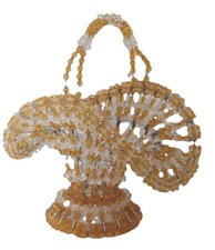 SAFETY PIN Orange GOLD Bead Craft Basket Handle TRAMP ART 10" MCM Kitsch 1950s