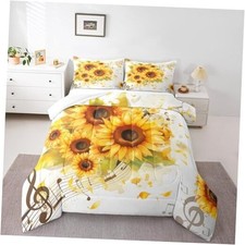 Yellow Sunflowers Comforter Set Country Rustic Style Queen White Yellow