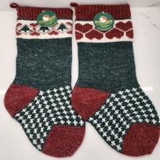 2 Vtg Kurt Adler Peruvian Wool Knit Christmas Sockings Red Green White 18" Long