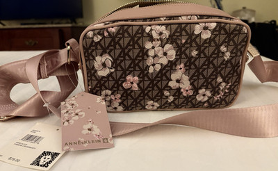 Anne Klein Floral Camera Crossbody Bag Brown Pink Zip Detachable Strap