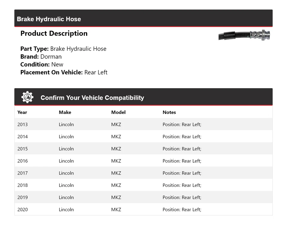 Manguera hidráulica de freno trasera izquierda Lincoln MKZ 2013-2020 Dorman 2014 2015 2016 Foto 2 de 4