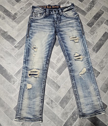Jeans uomo Rock Revival Tate dritto lavaggio acido taglia 33x31 comfort elasticizzato nuovo