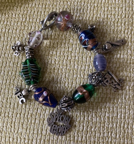 Teacher Charm Bracelet In Silver Glass Beads