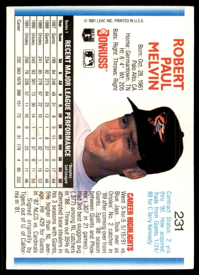 1992 Donruss Bob Melvin Baltimore Orioles #231 - Image 2 of 2