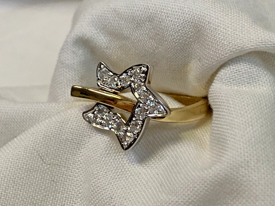 Anillo estrella oro blanco y amarillo 14K 4,17 g joyería fina tamaño 7,25 banda piedras transparentes Foto 3 de 4