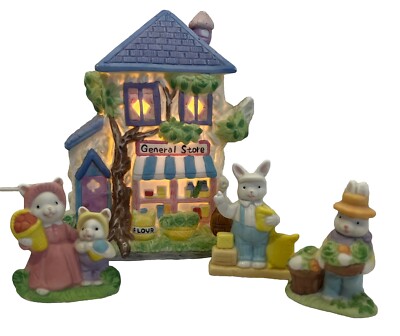 Easter Jubilee Bunny Village Lighted General Store 3 Figurines Tree 5x6 In