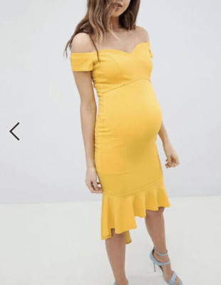 Queen Bee Maternity Off The Shoulder Dress Size 18 Ruffle Yellow Cocktail Beach.
