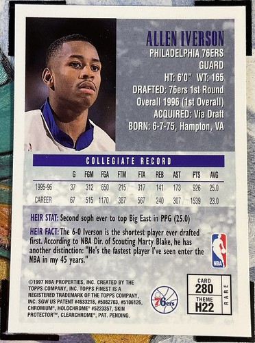 1996 TOPPS FINEST ALLEN IVERSON ROOKIE GOLD HEIRS #280 RARE WITH COATING #18 RD - Picture 4 of 12