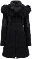 Guess Jeans Womens Long Oxana Jacket With Faux Fur Hood Black