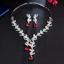 Leaf Red Drop Multicolor CZ Chunky Bridal Wedding Necklace Earring Jewelry Set