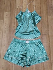 Victorias Secret Matching Set Satin Pajamas Polka Dots Turqouise Size Large