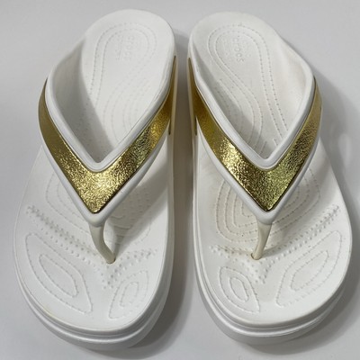 CROCS Womens  White Gold Sloane Shine Wedge Flip Flops Sandals Shoes Size W 11