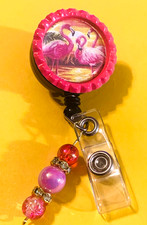 Bird Flamingos 3 Id badge holder retractable alligator clip
