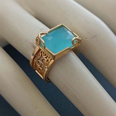 Aqua Ring Gold Over Sterling 925 Statement Wide Band Modernist Artisan DK Gift