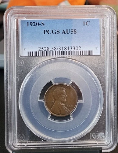 1920-S 1c PCGS AU 58 ~ NEAR UNCIRCULATED BETTER DATE LINCOLN CENT