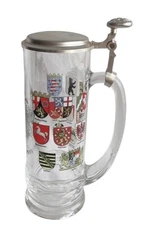 Old German Glass Lidded Stein with Flags And Coat Of Arms Imperial Eagle