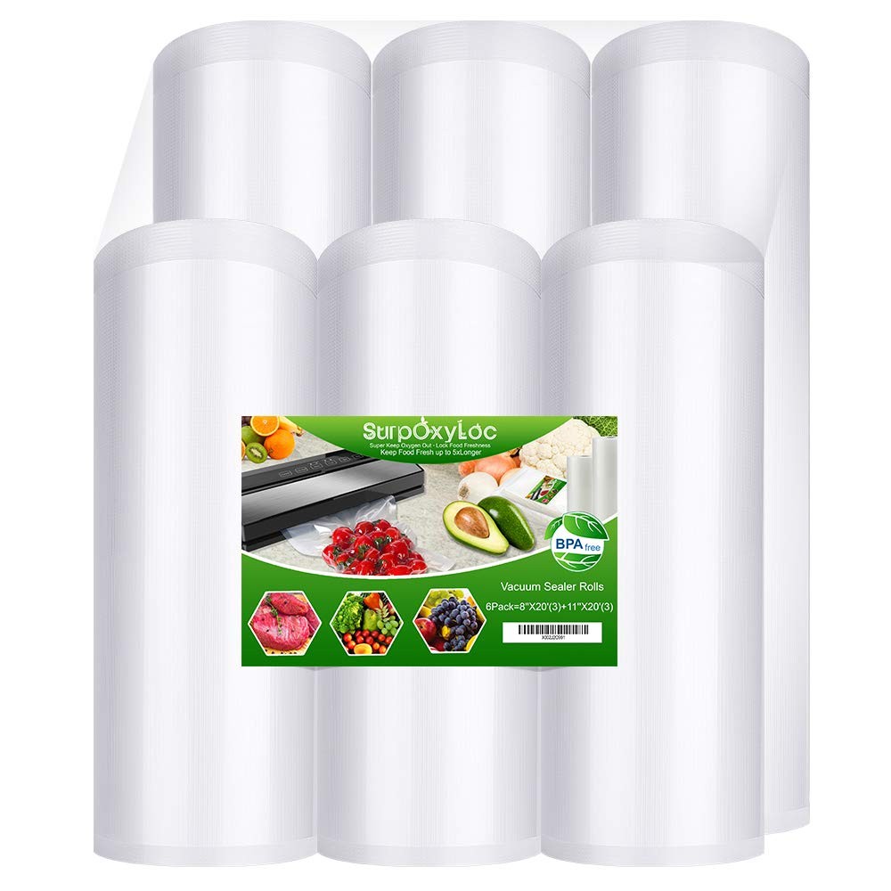 6-Pack Vacuum Sealer Bags Rolls - 8x20 & 11x20 Inch (3 Rolls Each) for Food Preservation