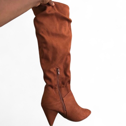 Express brown faux suede knee high boho slouchy ruched cone heel boots EXCELLENT