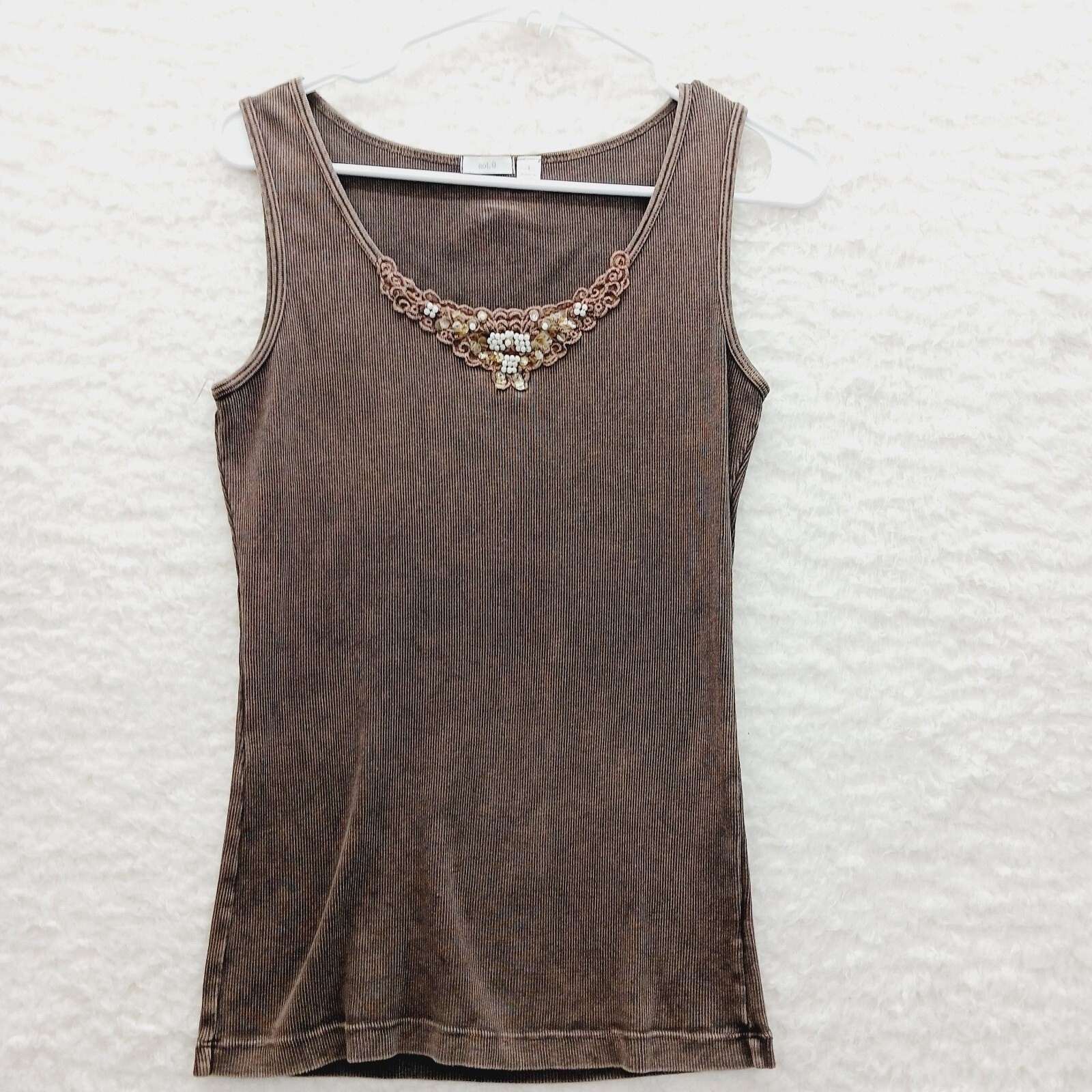 Tank Top Cami Brown Rib Lace Bead Sequin Cottagecore Boho Y2K USA Soft Girl Sz L-image