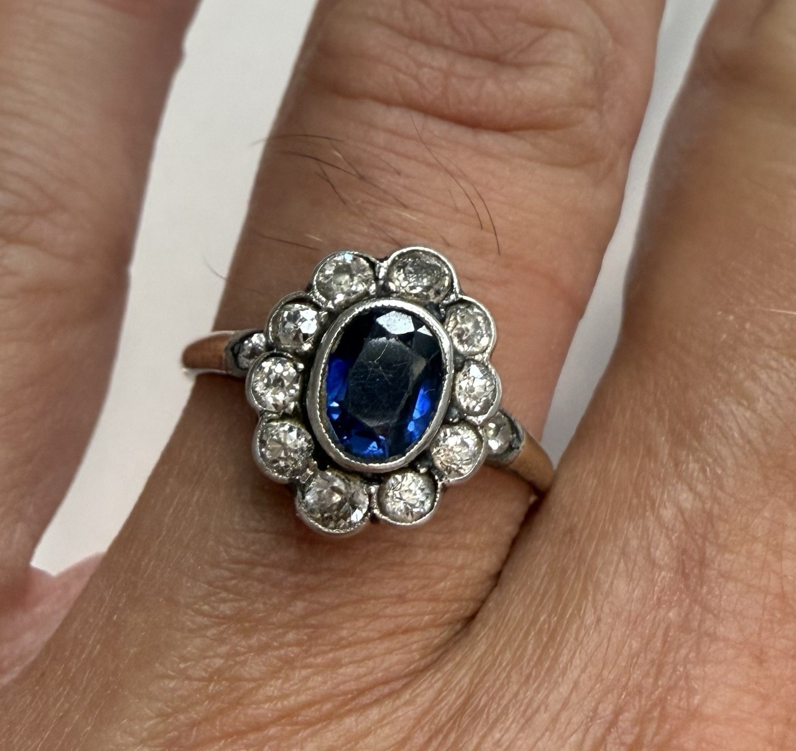 Antique Natural Sapphire W/ Old Mine Cut Diamond Ring Gold/ Silver Topped Sz7.75