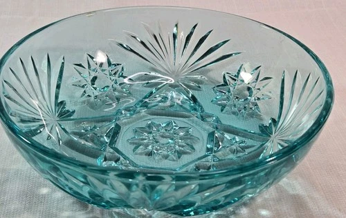 Anchor Hocking EAPC Aquamarine Blue Glass Bowl Star Of David VINTAGE GLOWS