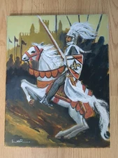 Vintage original oil painting of French Knight on horse  signed