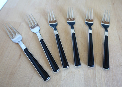  WMF Torino schwarze Griff Cromargan 6 Kuchengabel Dessert Gabel 15,5 cm 