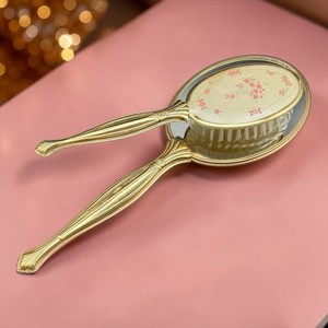 Vintage Metal Floral Design Gold Tone Vanity Hand Mirror and Hair Brush Set READ