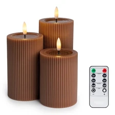 Set of 3 Brown Ribbed LED Candles – Flameless, Remote, Battery Operated