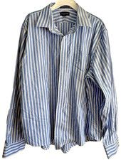 Land's End Blue White Dress Shirt Striped 17 1/2-37 LS No Iron Pinpoint Oxford