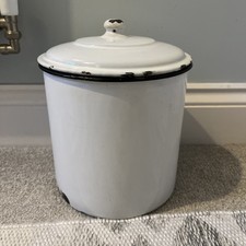 Vintage White Enamel Flour Bin Storage With Blue Trim