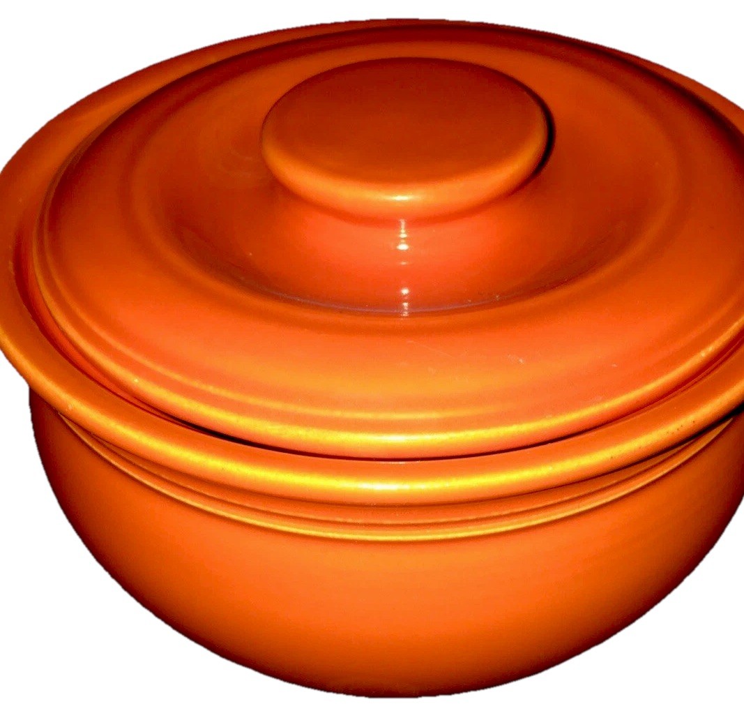 Fiestaware individual lidded casserole dish in original red glaze