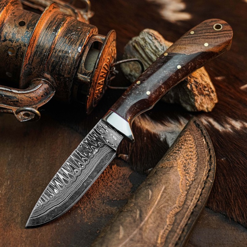 8.0" D2  EDC Hunting Fixed Blade Knife Full Tang Resin Handle Leather Sheath