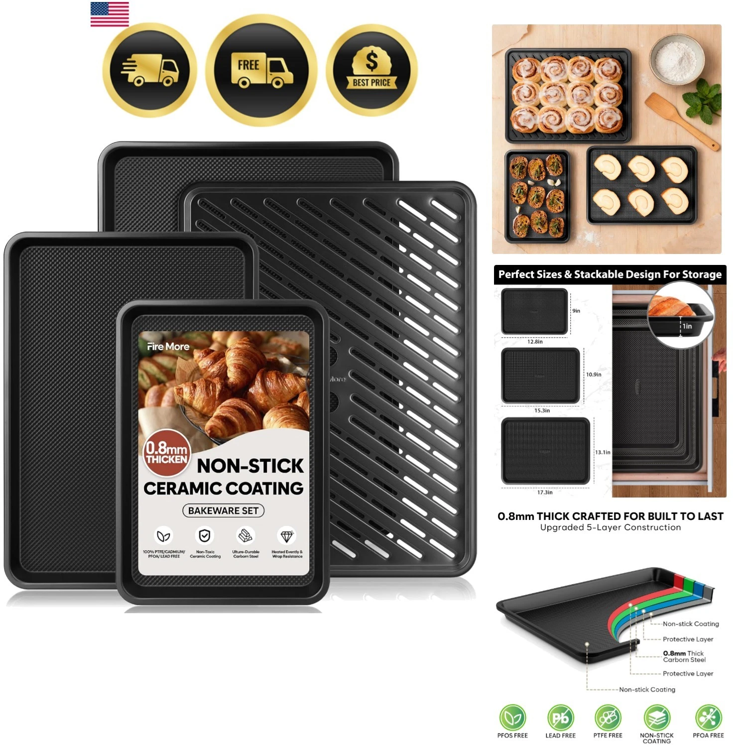 Cookie Sheets for Baking with Cooling Rack Set of 4, 0.8mm Thick Nonstick Bak...
