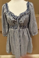 American Eagle Mini Dress Blue Striped Puff Sleeve Off Shoulder Smocked Size M