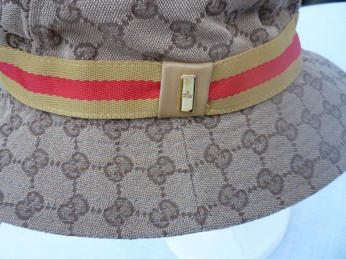 Authentic Gucci Beige Bucket Hat GG Red/Gold Web Poly/Spandex Canvas Rare HTF - Picture 3 of 12