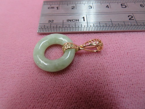 Vtg 14K Green Jadeite Jade Donut Pendant w/ Large Bail - Picture 2 of 8