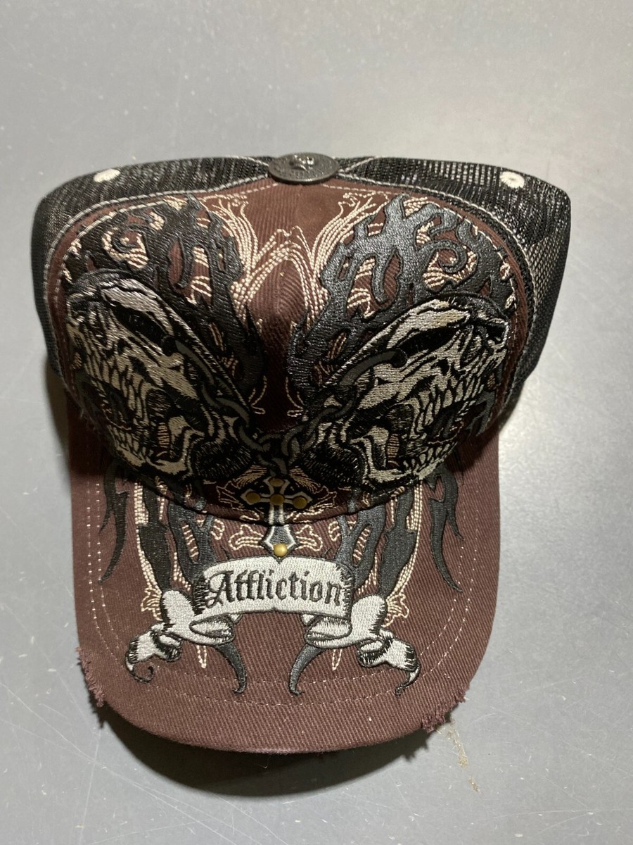 Affliction Vintage New Double Skull Brown Hat Adult One Size Cap