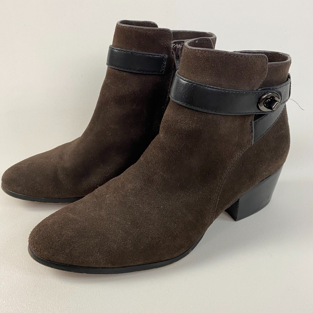 COACH Ankle Boots Womens 8.5 B Brown Suede Block Heel Side 